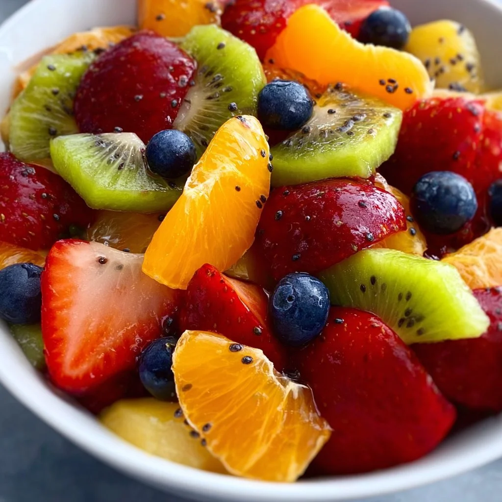 Colorful fresh fruit salad drizzled with honey lime poppy seed dressing
