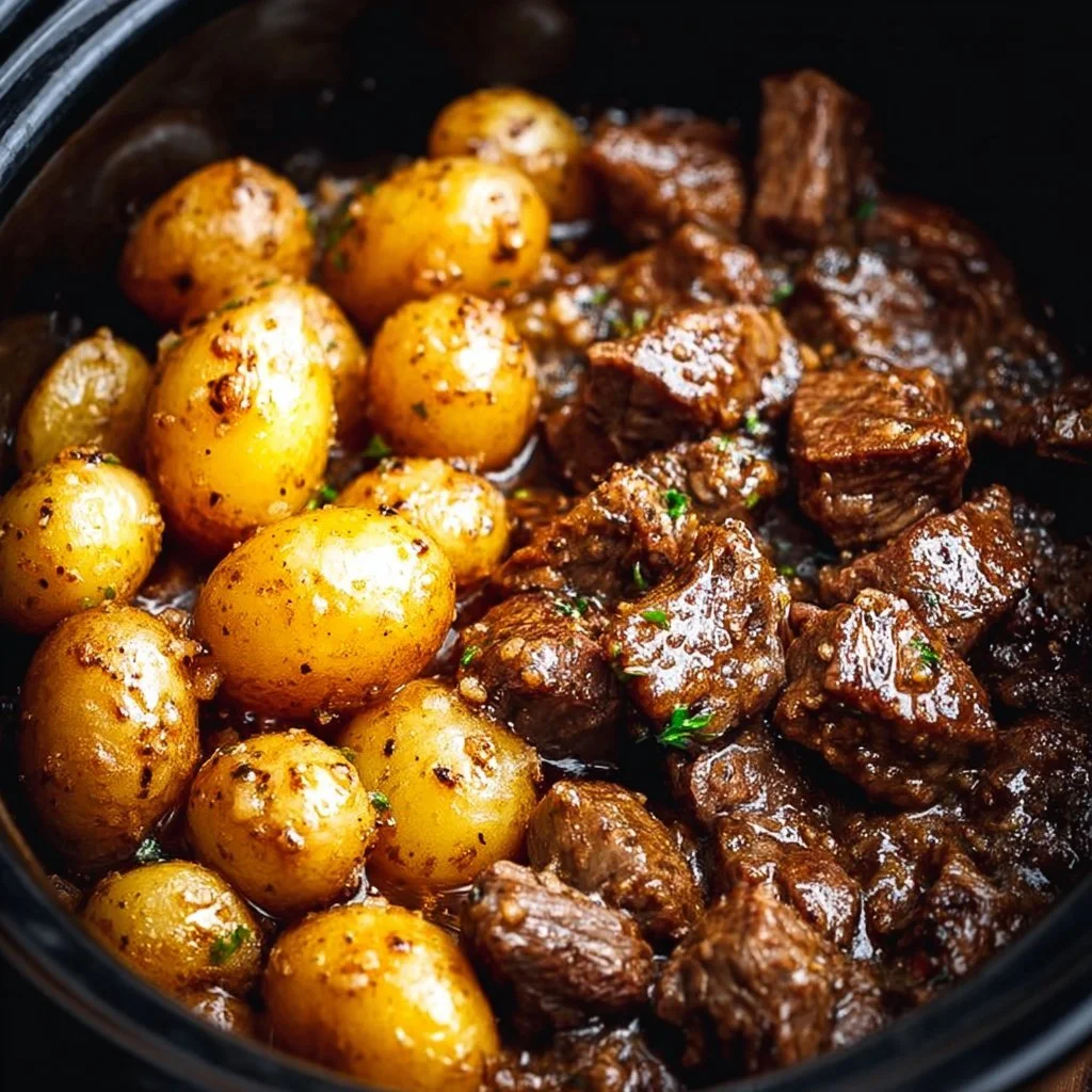 Garlic butter beef bites served with roasted potatoes