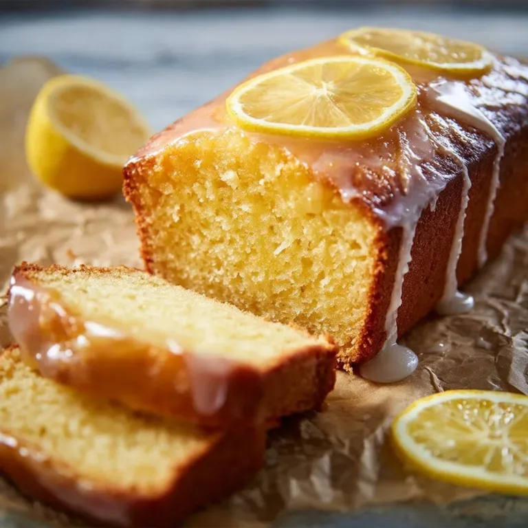 Glazed lemon pound cake loaf with a moist texture and zesty flavor.