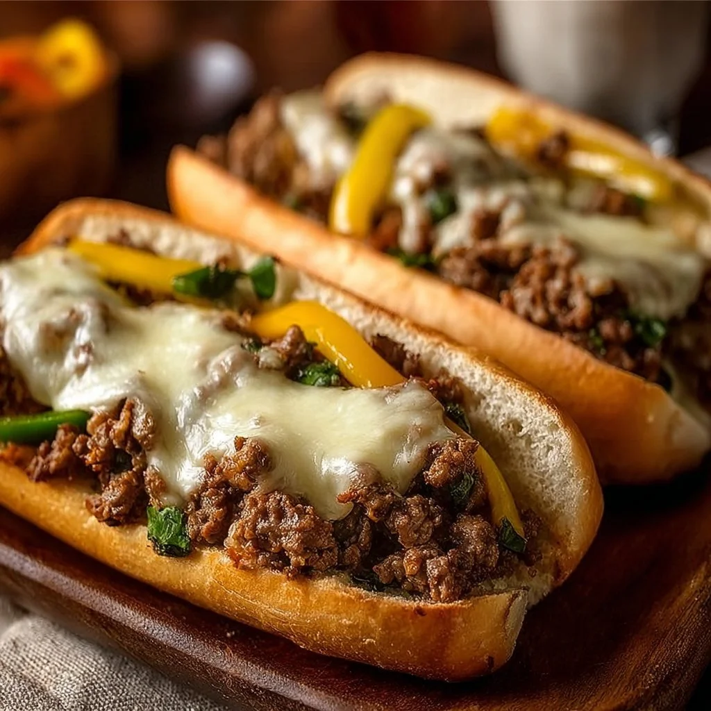 Delicious ground beef Philly cheesesteak sandwich with melted cheese