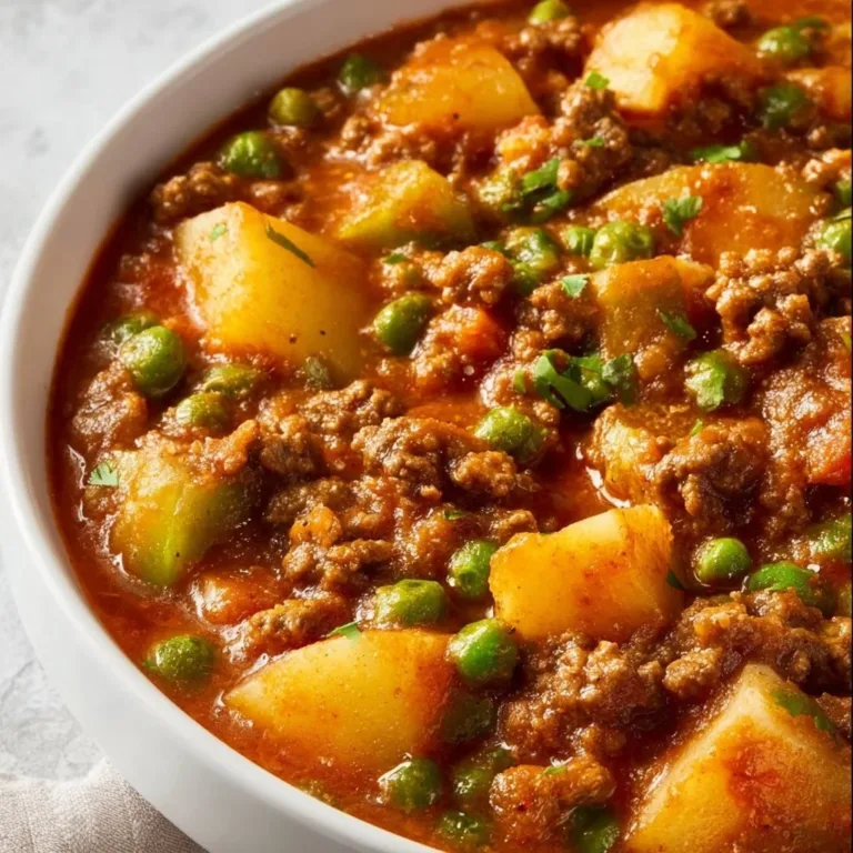 Bowl of savory ground beef stew with vegetables.