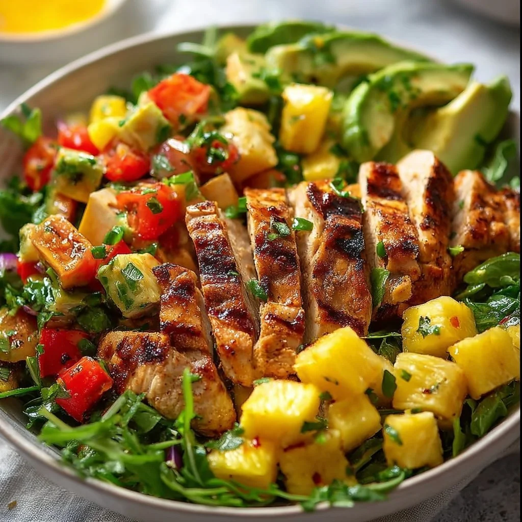 Hawaiian Chicken Salad Hawaiian Chicken Salad A bowl of Hawaiian Chicken Salad with pineapple, chicken, and greens