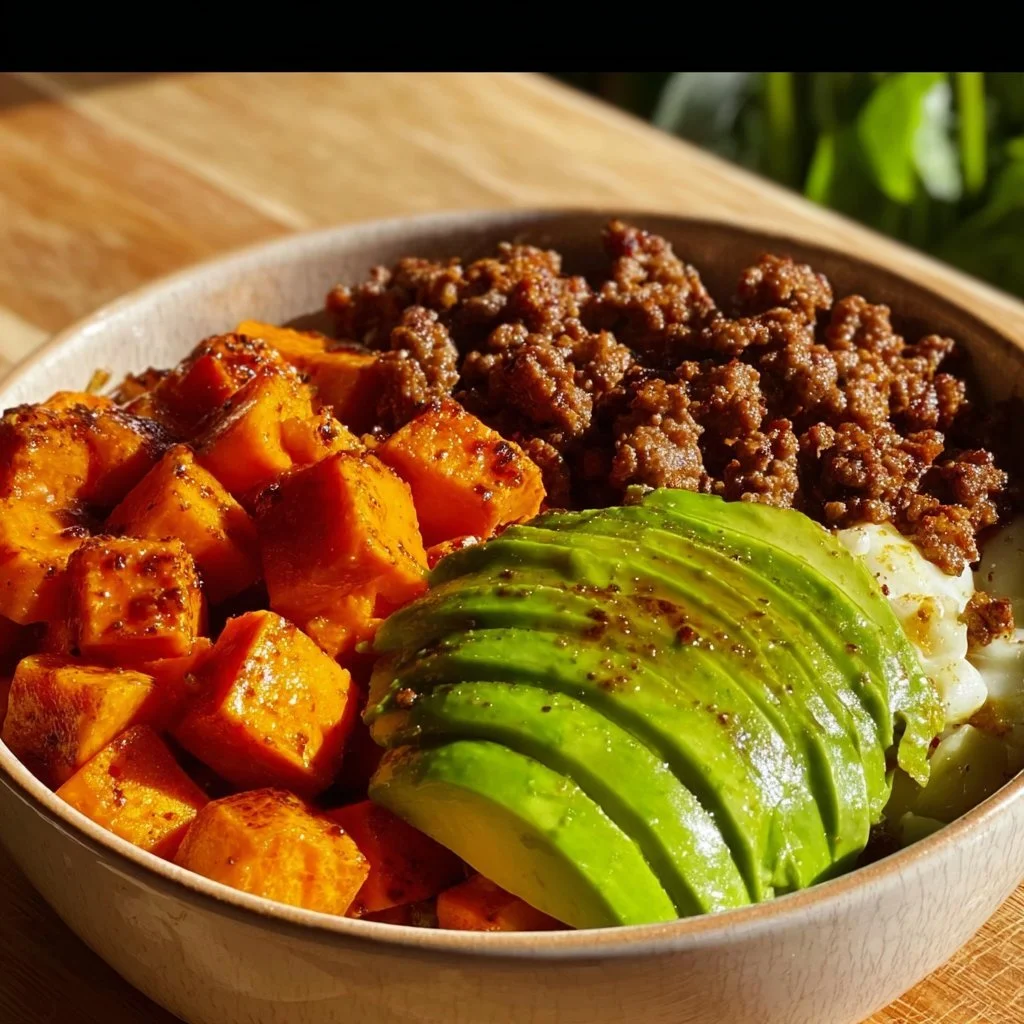 Delicious high-protein beef bowls topped with fresh vegetables and sauces