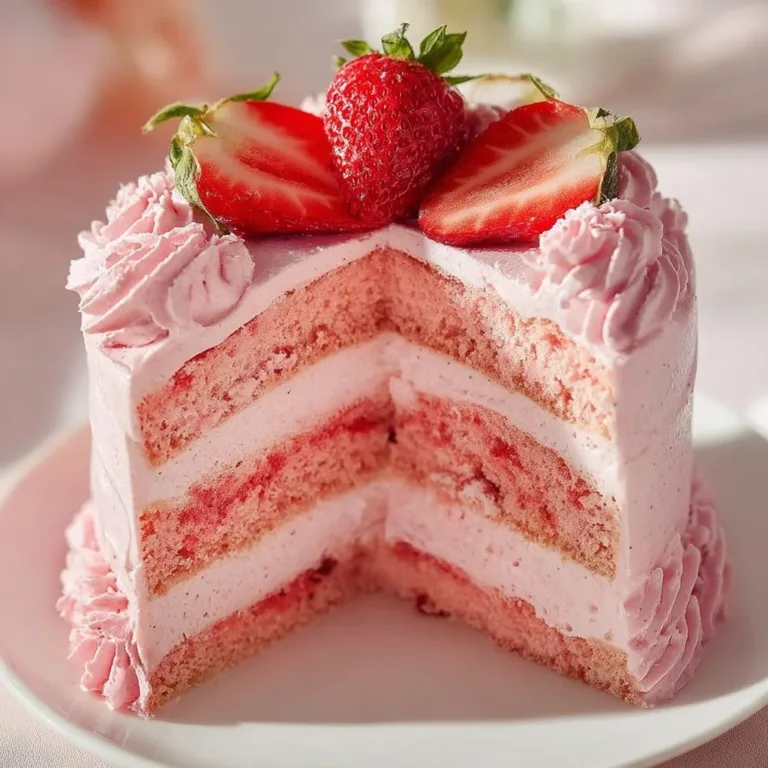 Homemade strawberry cake with fresh strawberry frosting on a rustic wooden table