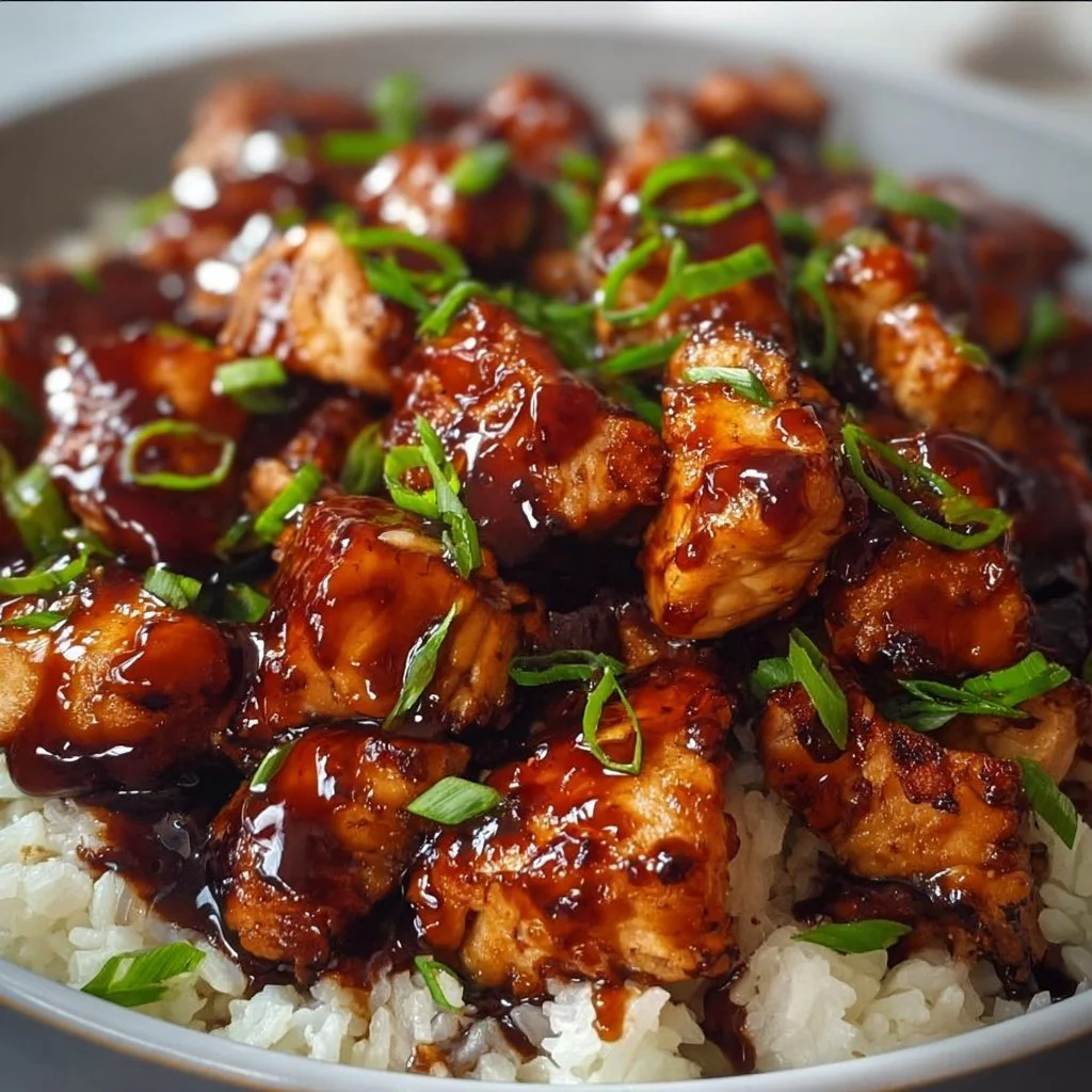 Delicious Honey BBQ Chicken served over rice, garnished with fresh herbs.