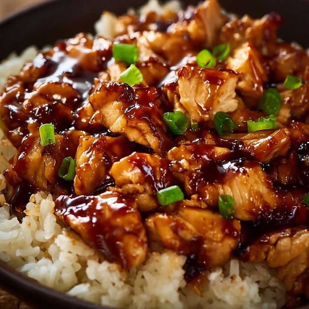 Delicious Honey BBQ Chicken served over rice garnished with green onions