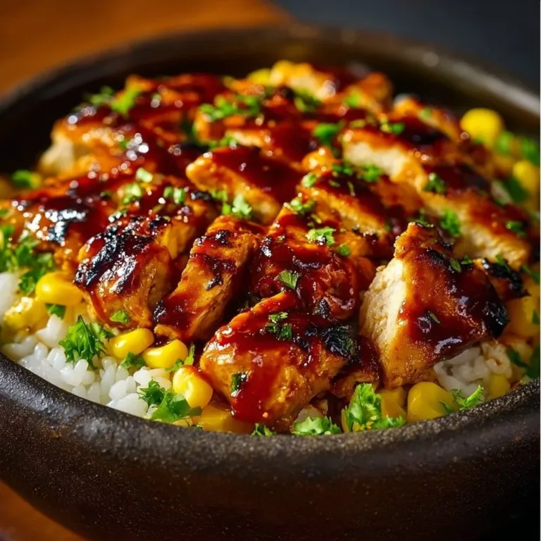Honey BBQ Chicken Rice Bowl with vegetables in a bowl