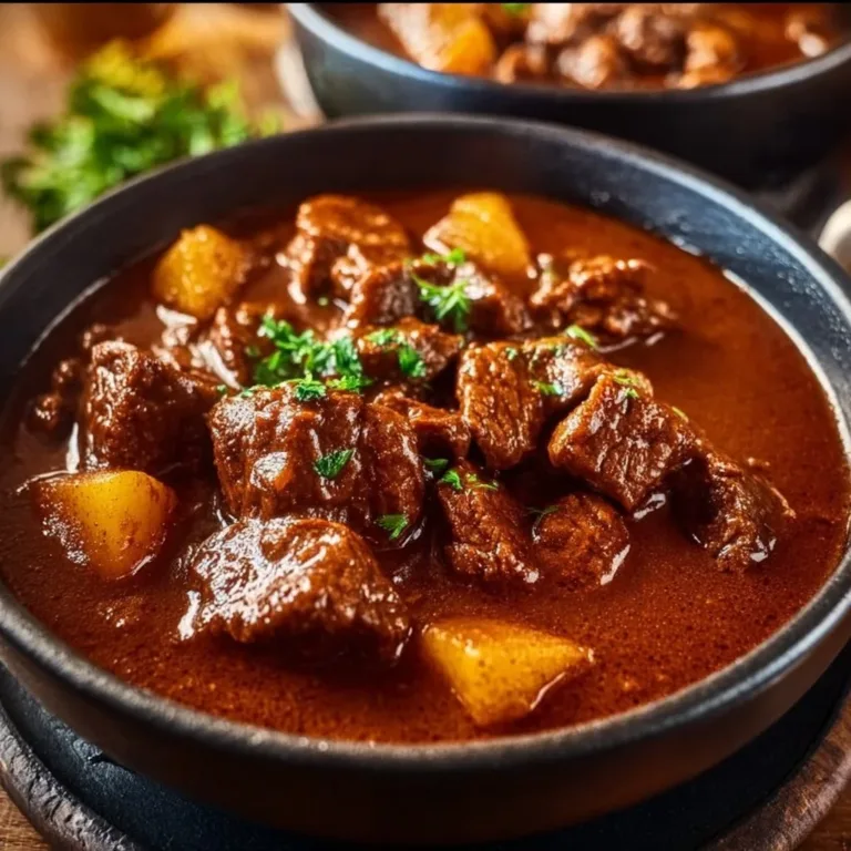 A bowl of traditional Hungarian Goulash with tender meat and vegetables