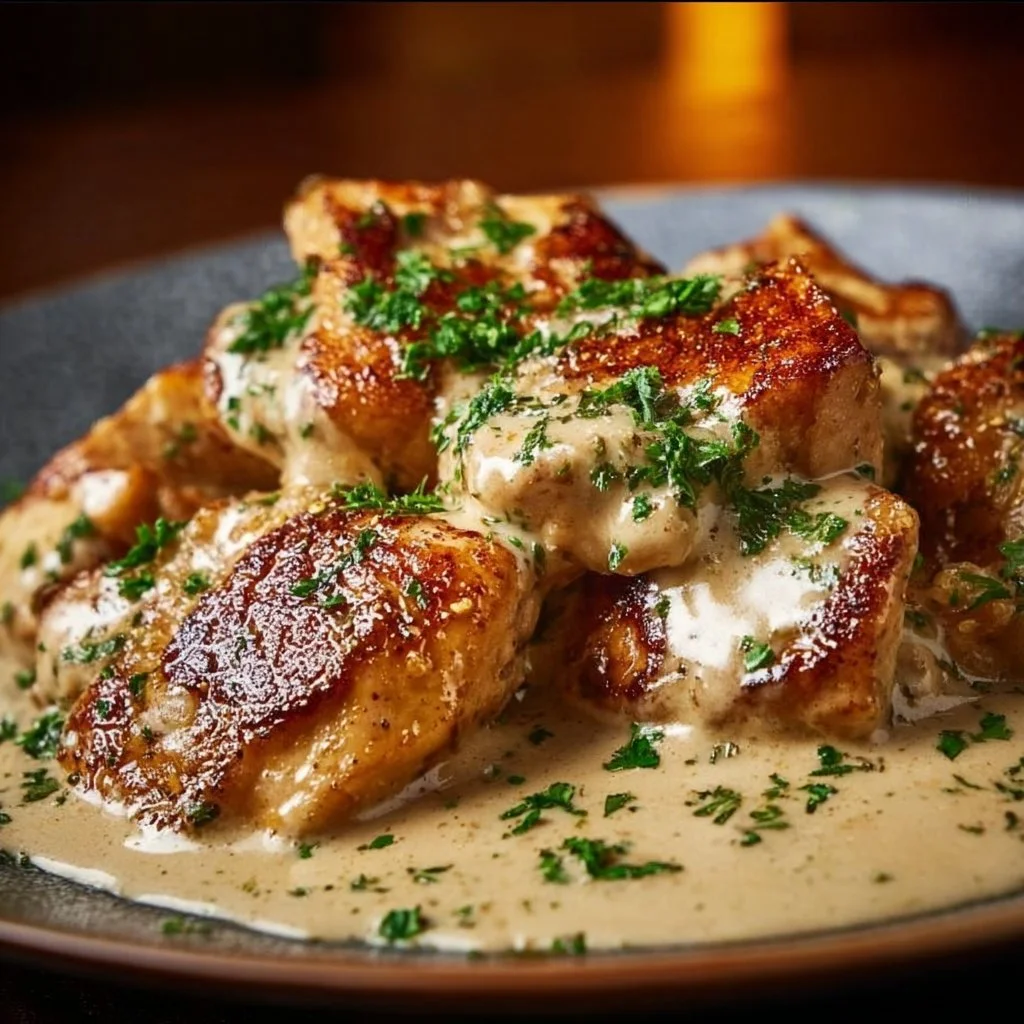 Irish Chicken in whiskey cream sauce served on a plate