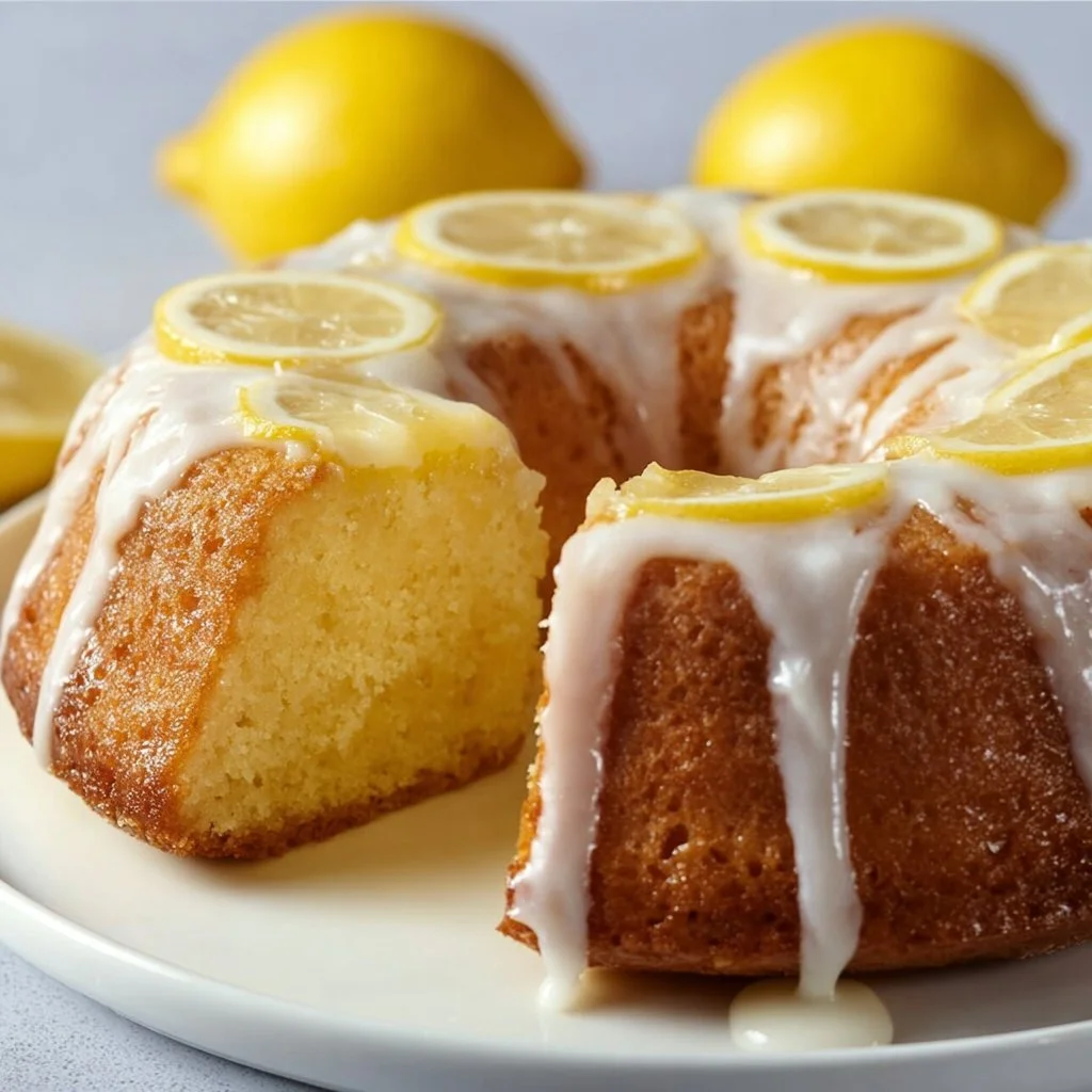 Delicious Italian Lemon Pound Cake on a plate garnished with lemon slices.
