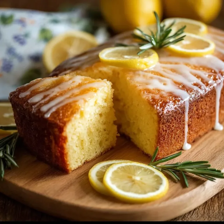 Slice of Italian Lemon Pound Cake with a lemon garnish on a white plate