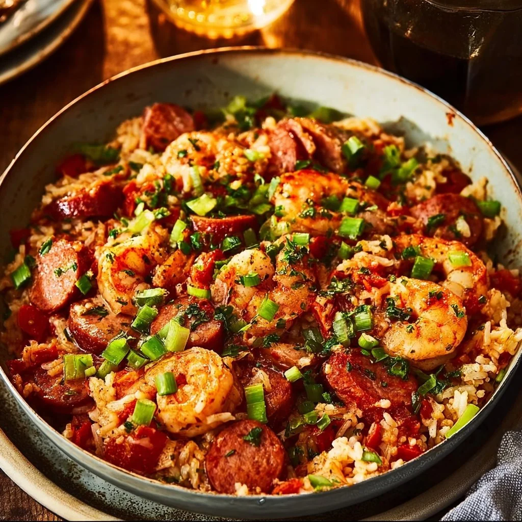 Delicious jambalaya with rice, shrimp, and sausage served in a bowl