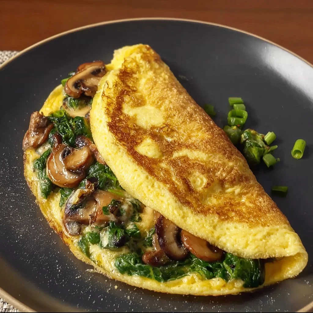 Keto Bacon & Mushroom Omelette served on a plate with fresh herbs.
