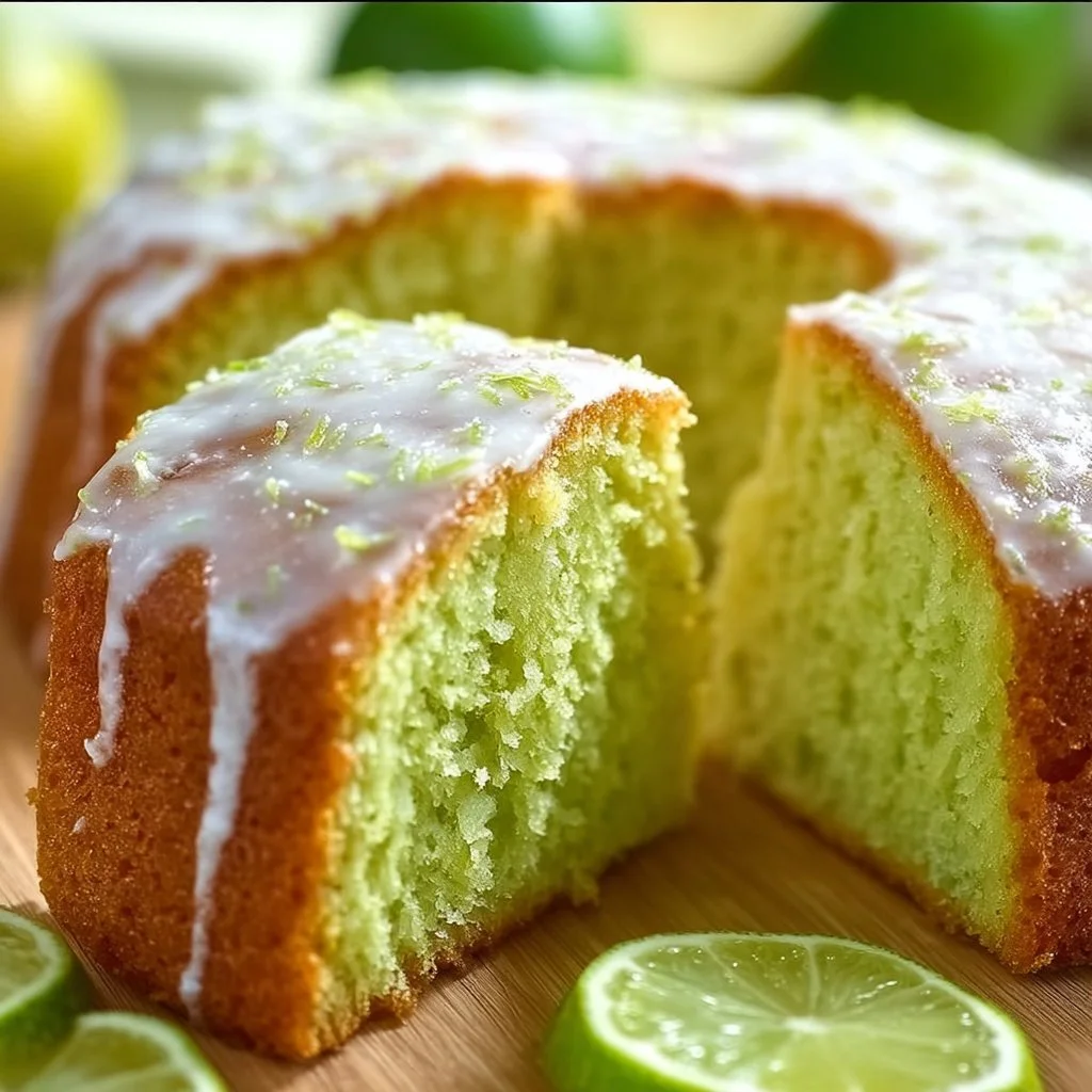 Sliced Key Lime Pound Cake with a citrus glaze on a wooden table