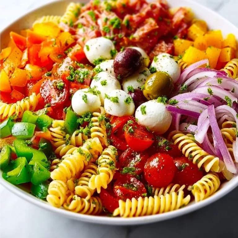 Colorful and vibrant legendary pasta salad with fresh vegetables and herbs.