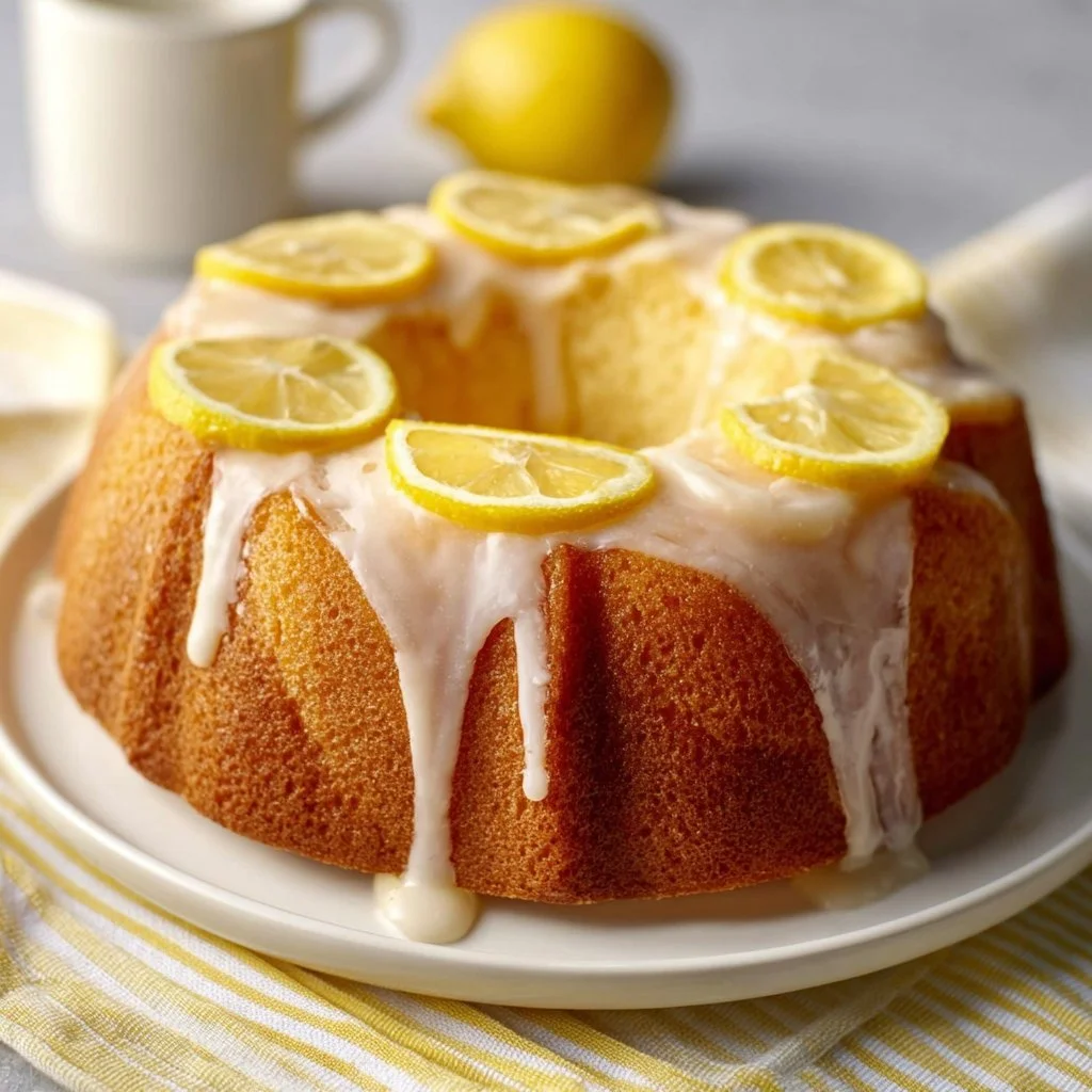 Delicious Lemon Bundt Cake with a glaze on a decorative plate