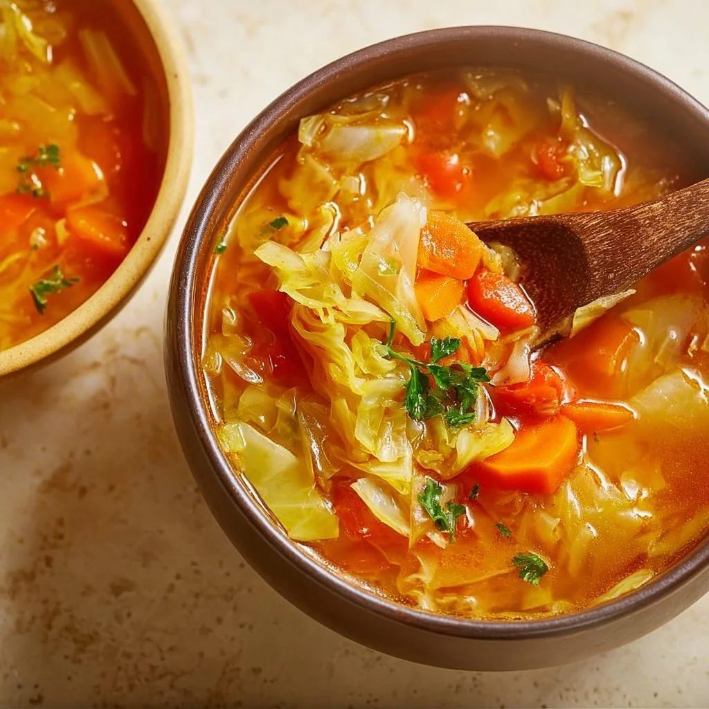 Bowl of low calorie cabbage fat burning soup with fresh vegetables