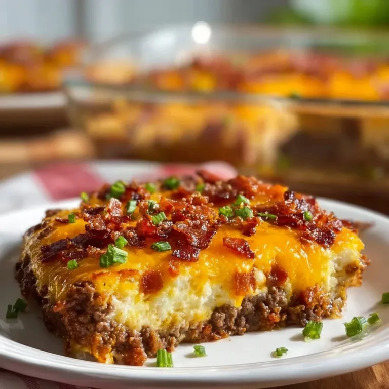 Low-carb bacon cheeseburger casserole topped with melted cheese and crispy bacon