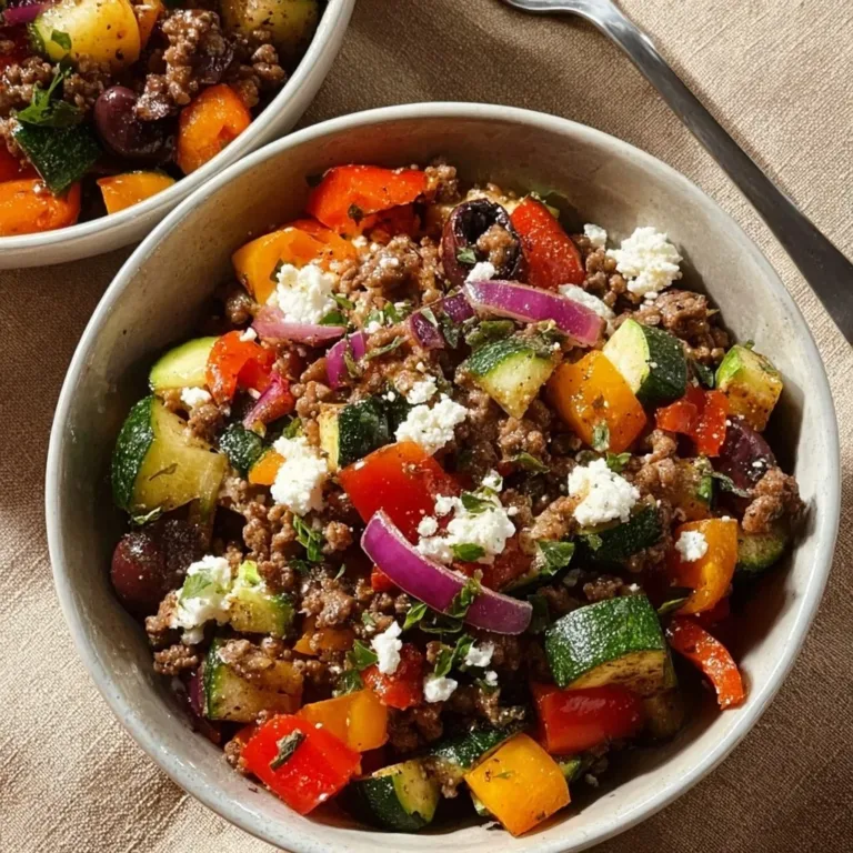 Colorful Mediterranean ground beef stir-fry with vegetables in a skillet