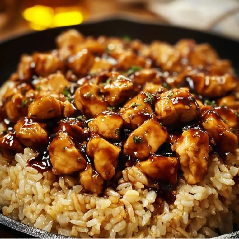 One-Pan Honey BBQ Chicken Rice dish garnished, served in a vibrant setting.