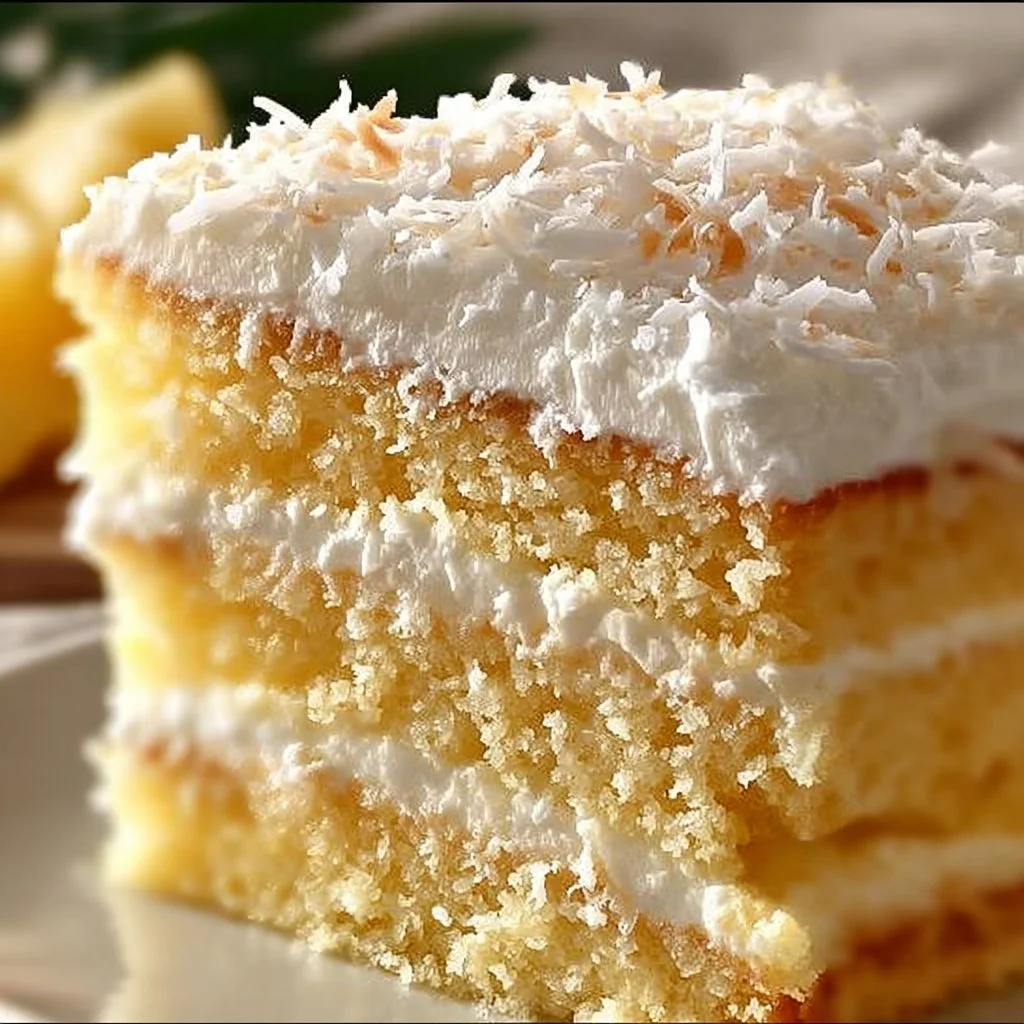 Pineapple Coconut Dream Cake topped with coconut flakes and pineapple slices