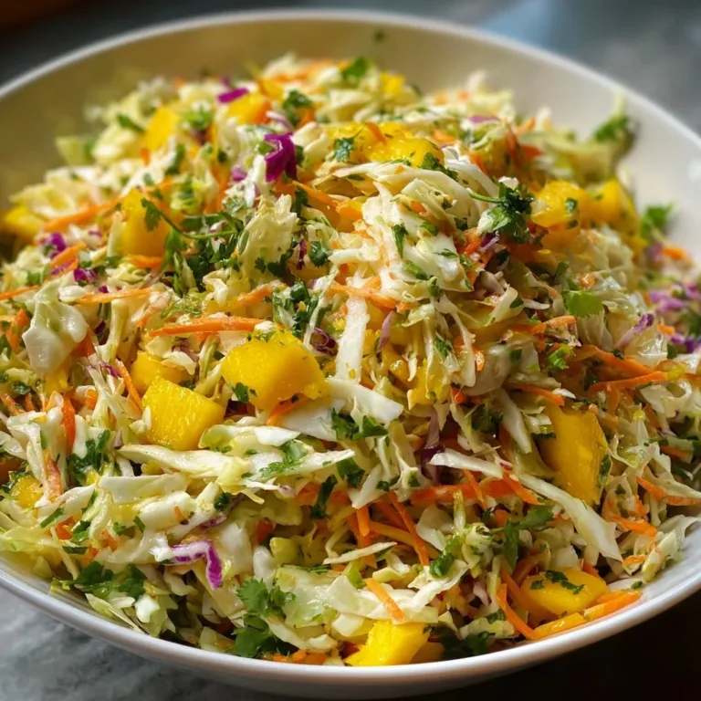 Delicious Pineapple Coleslaw served in a bowl, garnished with fresh herbs.