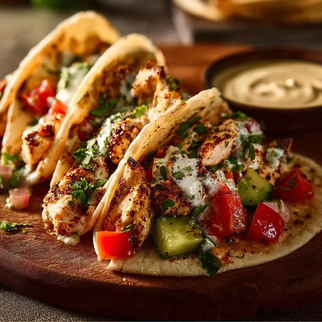 Delicious Mediterranean chicken tacos served on a plate with fresh toppings