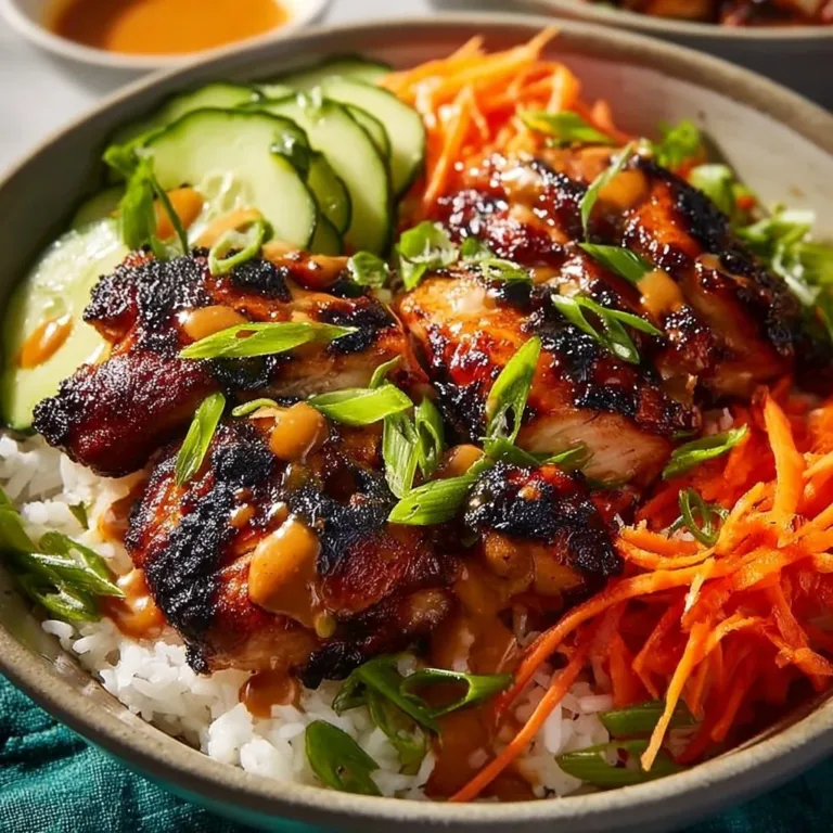 Savory Korean BBQ chicken bowl with vibrant vegetables and rice