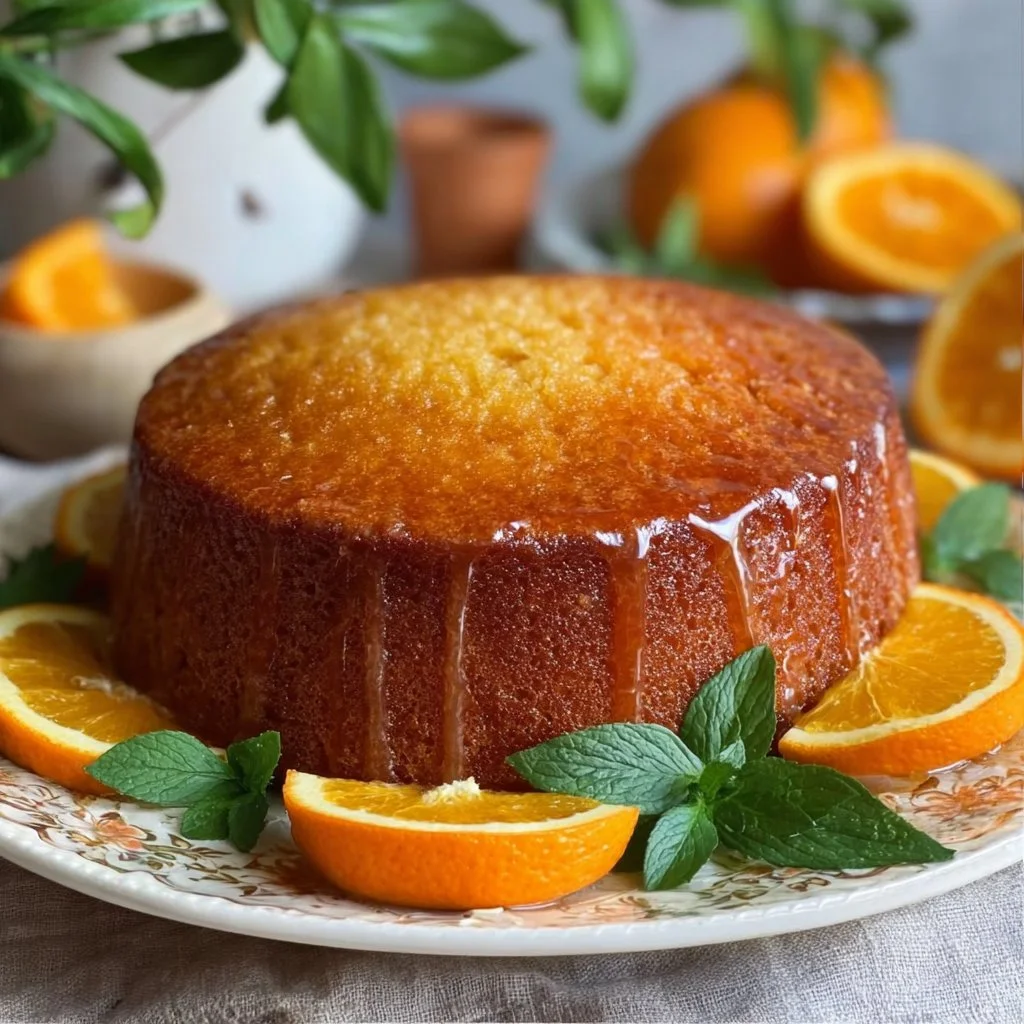 Sicilian Whole Orange Cake topped with orange slices and zest.