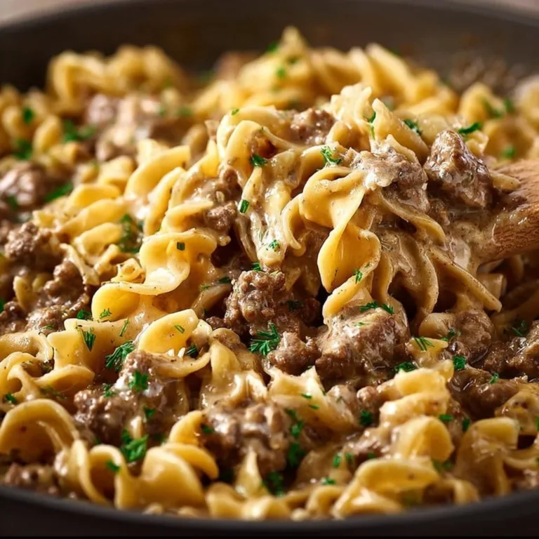 A delicious plate of simple ground beef stroganoff served with noodles