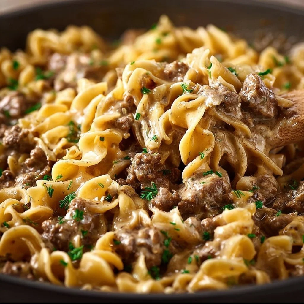 A delicious plate of simple ground beef stroganoff served with noodles