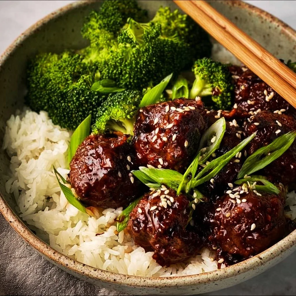 Sticky Mongolian Beef Meatballs served with a side of vegetables