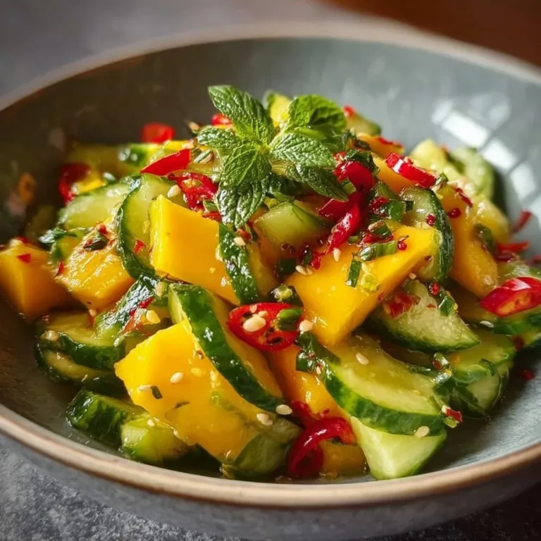 Thai Mango Cucumber Salad with vibrant mango, cucumber, and herbs on a plate