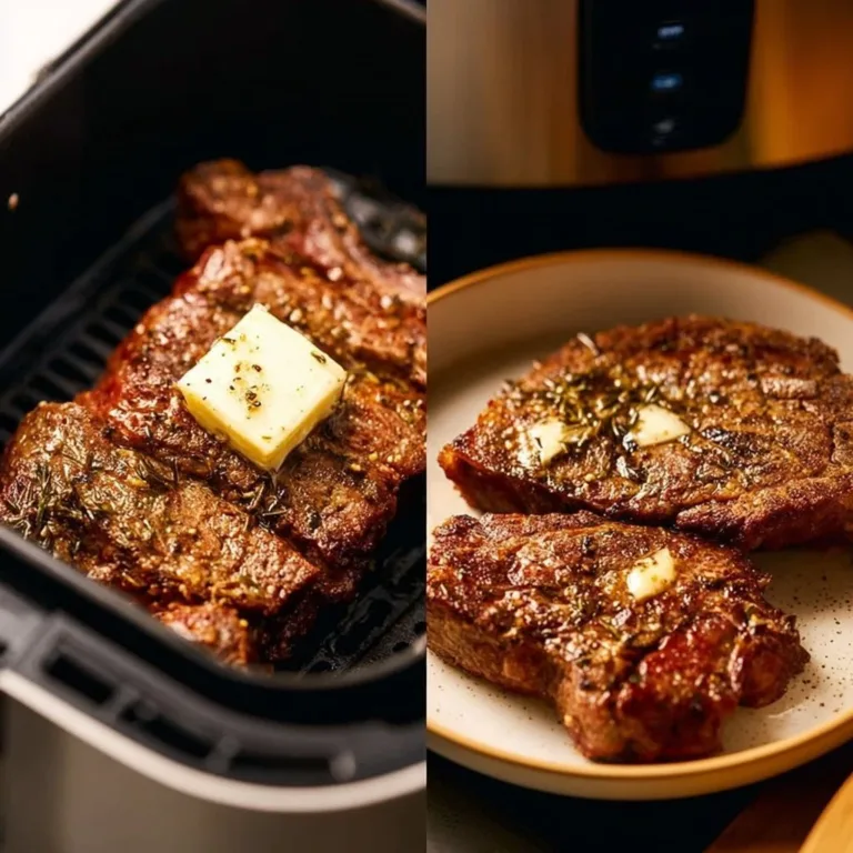 Juicy air fryer steak cooked to perfection with seasonings and garnishes.