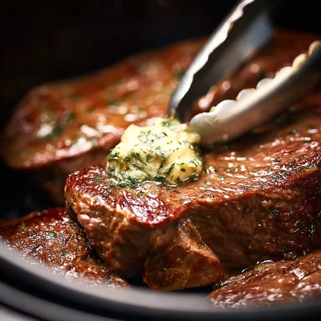 Juicy Air Fryer Steaks with Garlic Butter served on a plate.