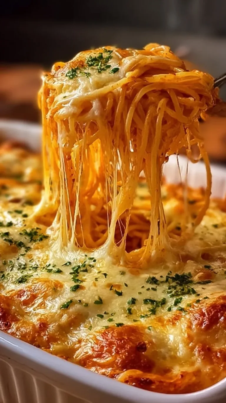 Cheesy baked spaghetti casserole topped with creamy sauce and melted cheese.