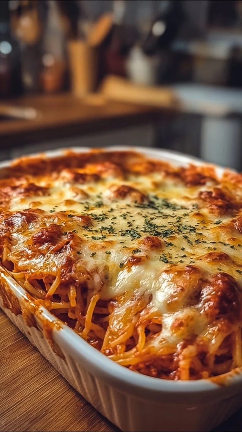 Cheesy Baked Spaghetti Casserole with Creamy Sauce