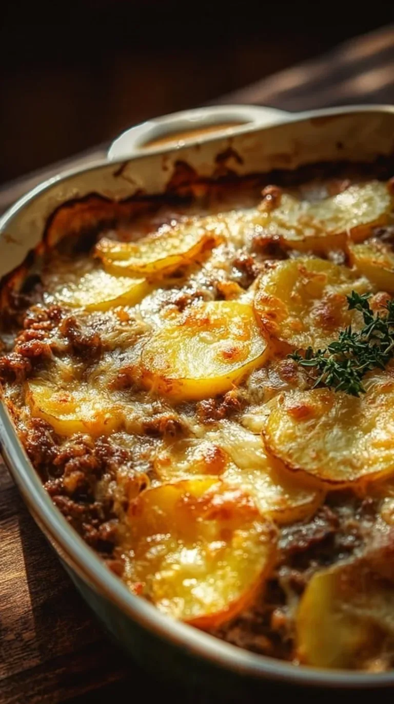 Cheesy beef and potato bake in a baking dish decorated with herbs