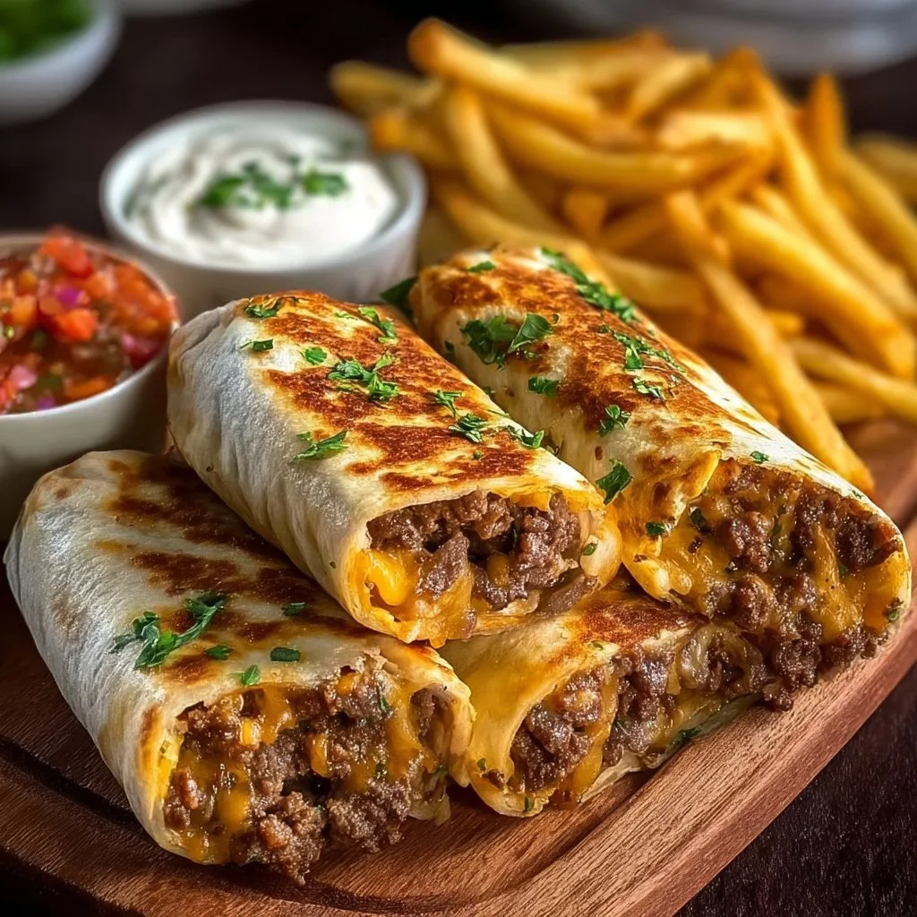 Cheesy beef burritos with fries served on a plate