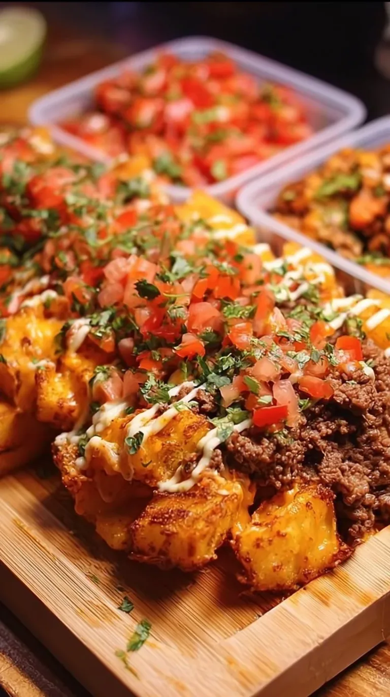 Cheesy beef taco potato bowls topped with fresh ingredients and melted cheese