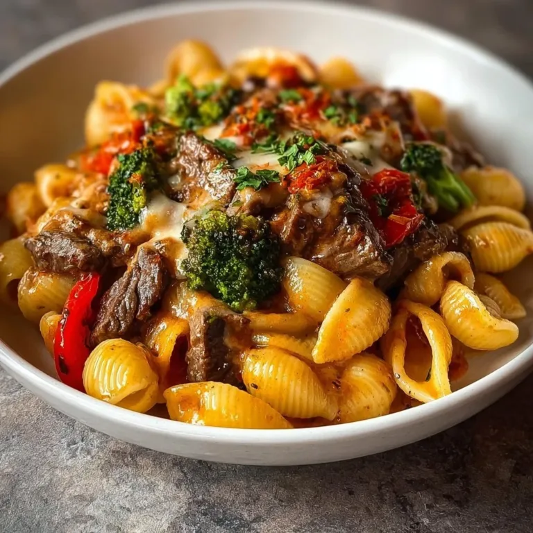 A plate of cheesy steak pasta garnished with herbs and cheese.