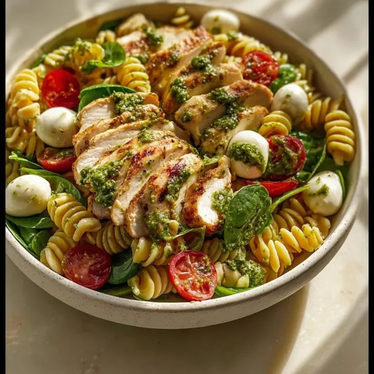 Delicious Chicken Pesto Pasta Salad with grilled chicken and fresh vegetables