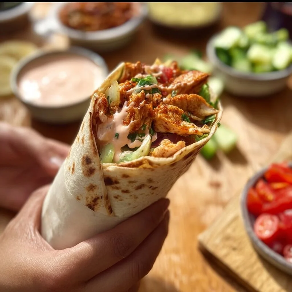 Chicken Wrap with Spicy Yogurt Sauce served with a side salad