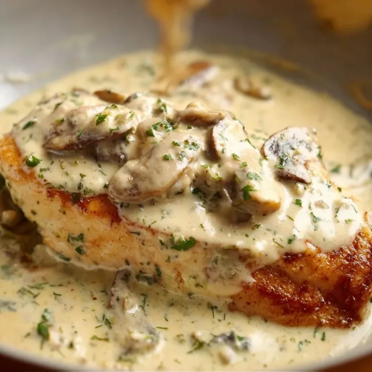 Creamy garlic mushroom chicken dish served on a plate.