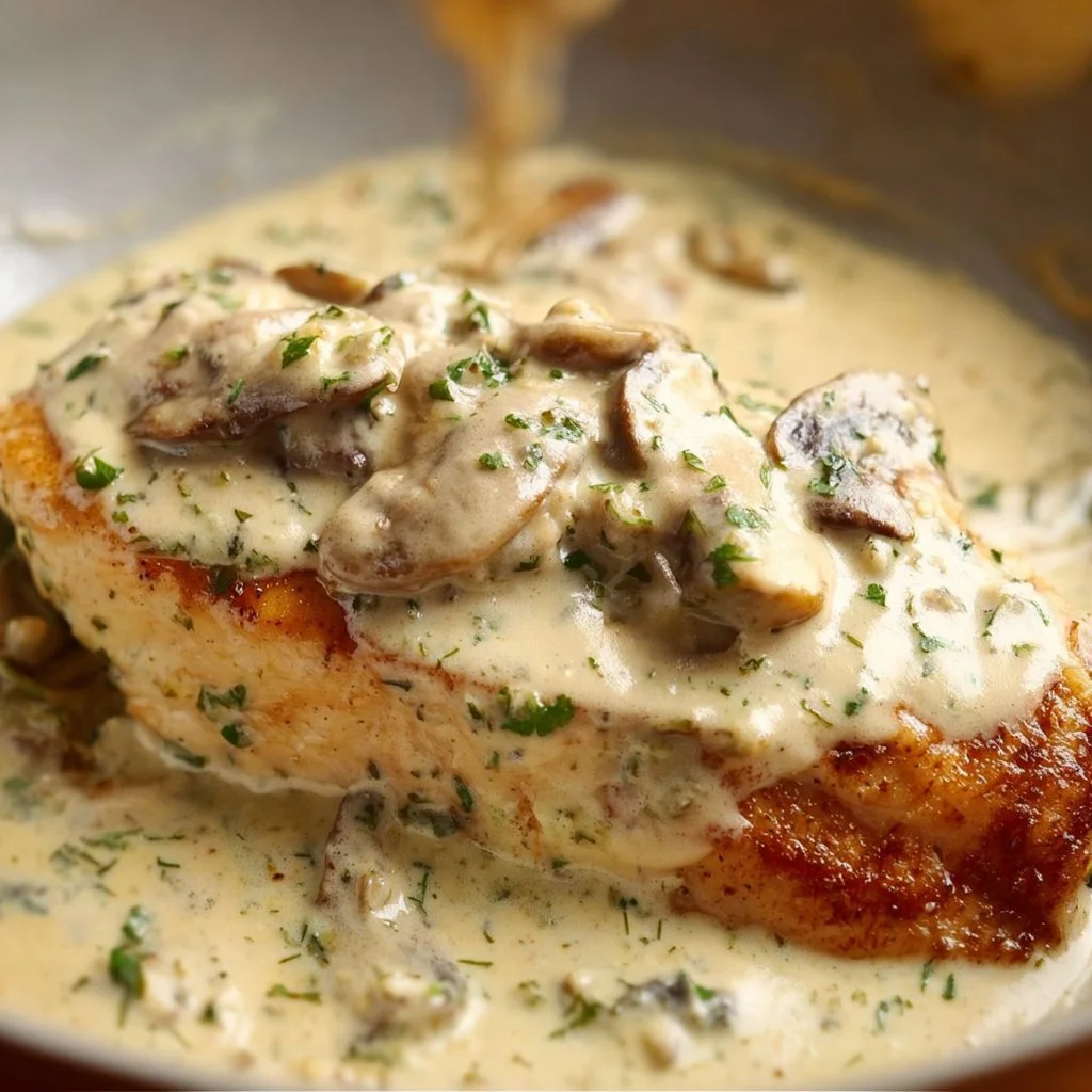 Creamy garlic mushroom chicken dish served on a plate.