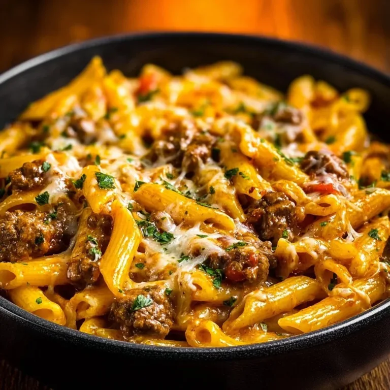 Creamy high protein beef pasta dish on a plate with fresh herbs and cheese