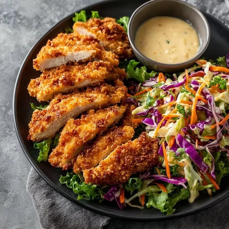 Crispy and golden crumbed chicken served on a plate with fresh herbs