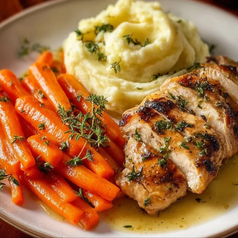 Garlic Herb Chicken plated with mashed potatoes and glazed carrots