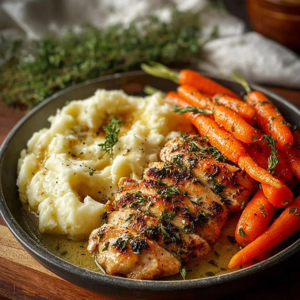 Garlic Herb Chicken with Mashed Potatoes and Glazed Carrots