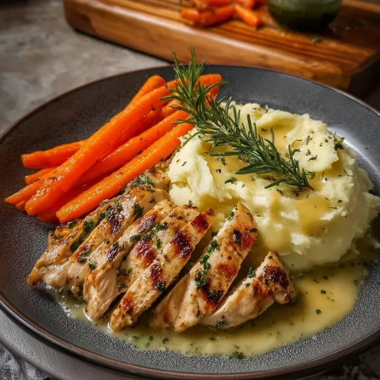 Delicious herb chicken with creamy mashed potatoes and glazed carrots on a plate.